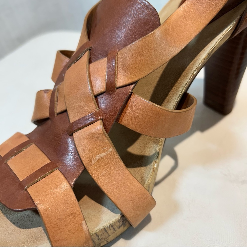 Cole Haan Sz 10 Jocelyn Strappy High Heeled Sandals Leather Brown Tan Wood Heel - Picture 9 of 10